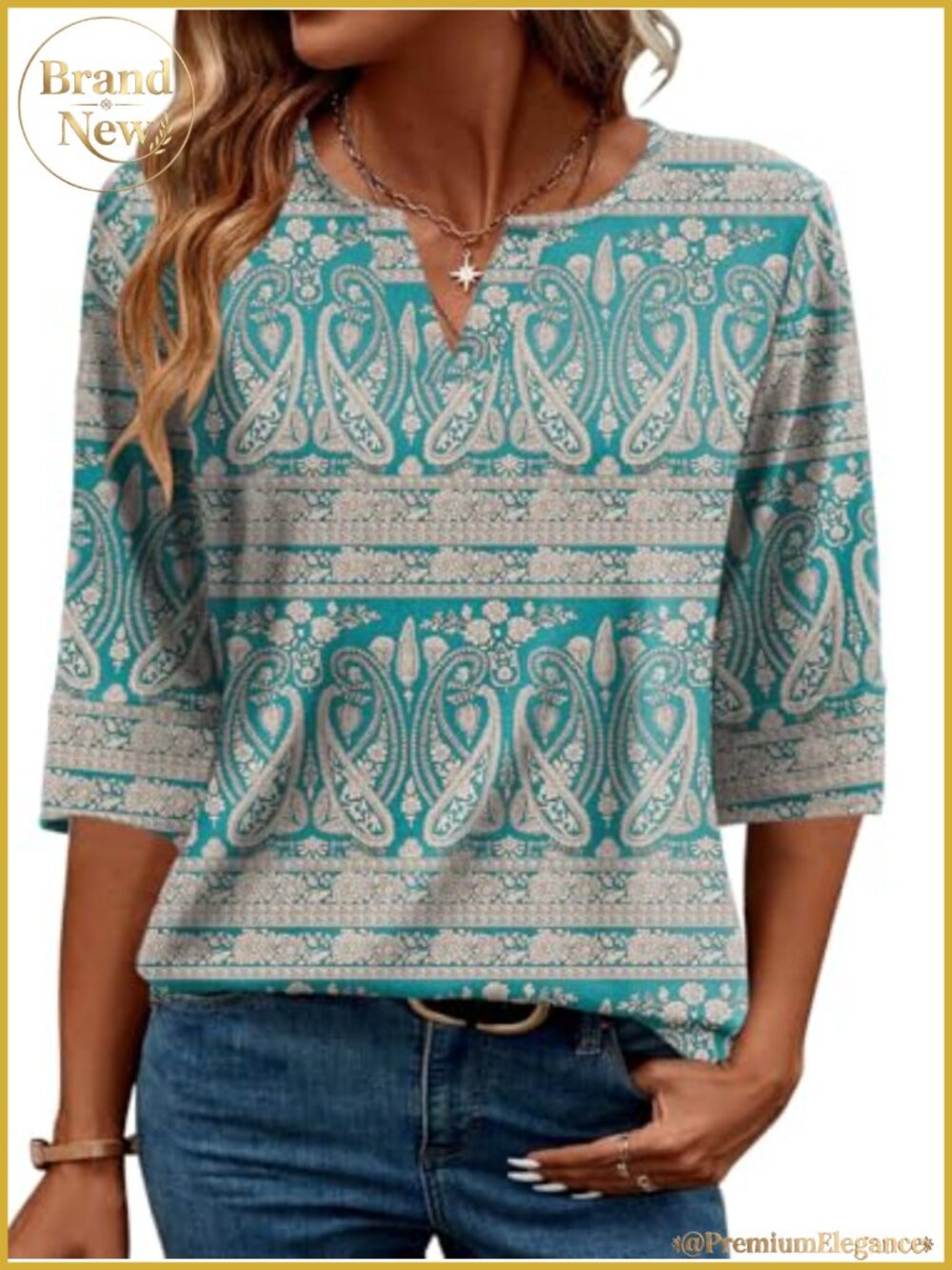 Women's V-Neck 3/4 Sleeve Tunic Blouse Stretchable Rayon Blend Casual Top